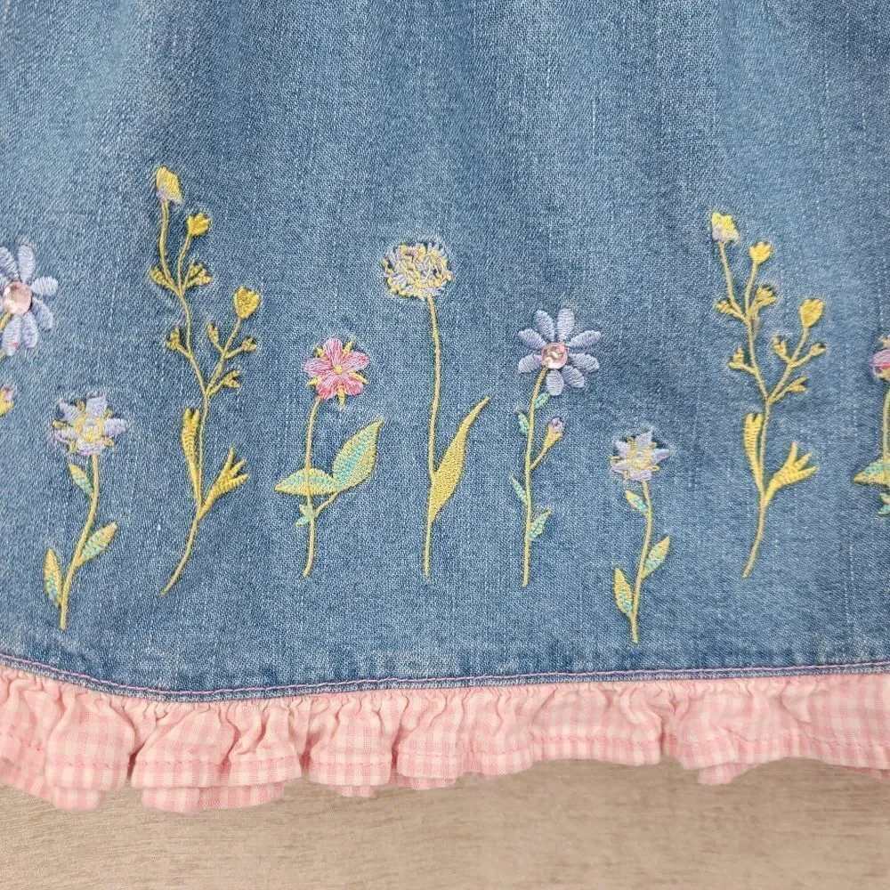 Faded Glory Vintage Y2K Denim Floral Embroidered Overall Skirt Jumper Dress